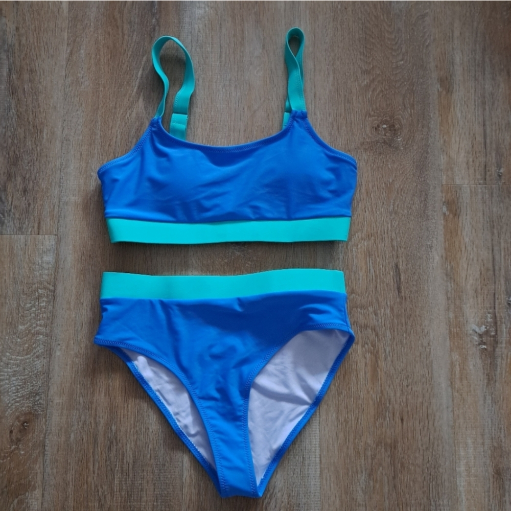 Bikini Set Blue Green Two-piece Adjustable Top Bathing Suit size Small NWOT